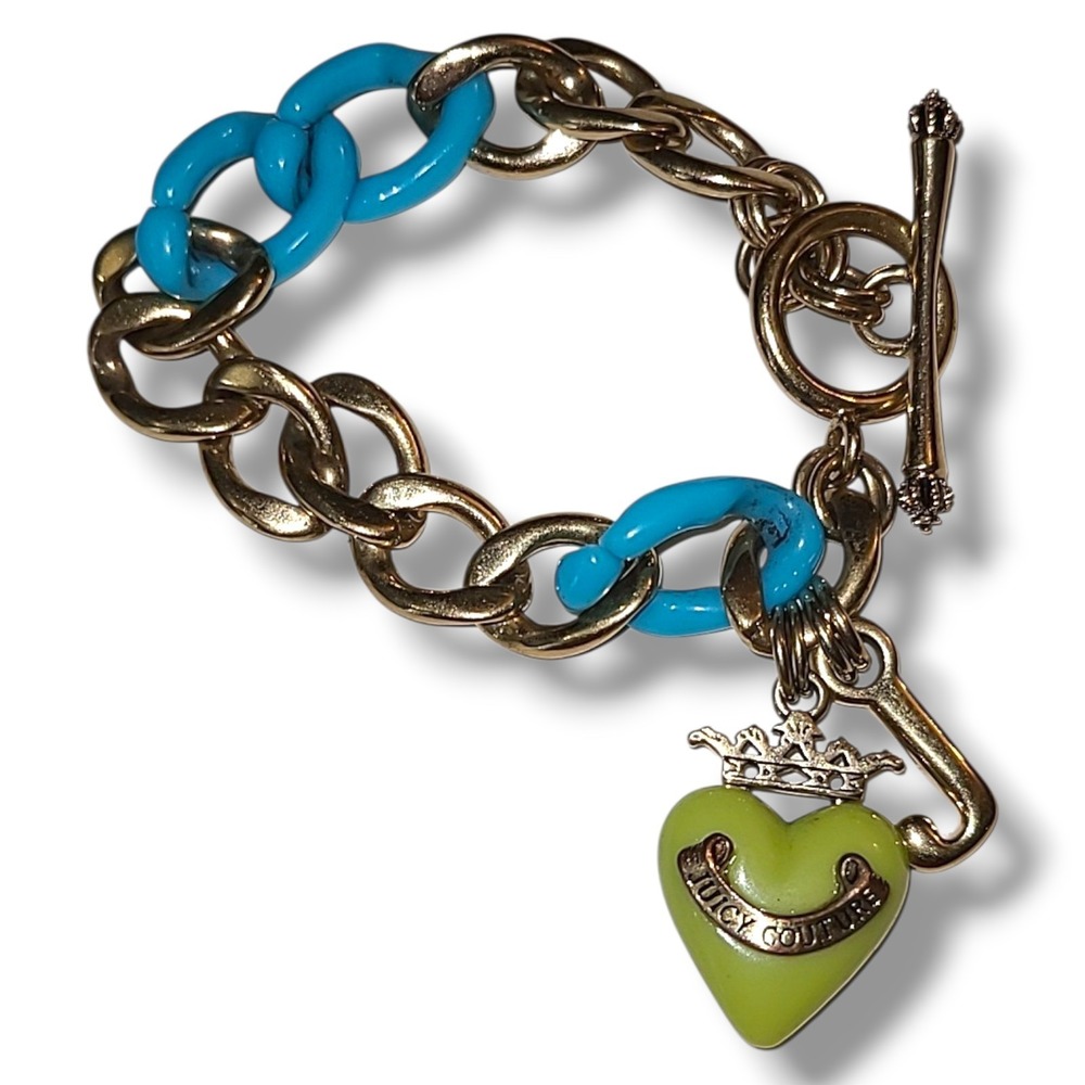 Juicy Couture Y2K Chunky Charm Starter Bracelet Blue Green Enamel Gold Tone